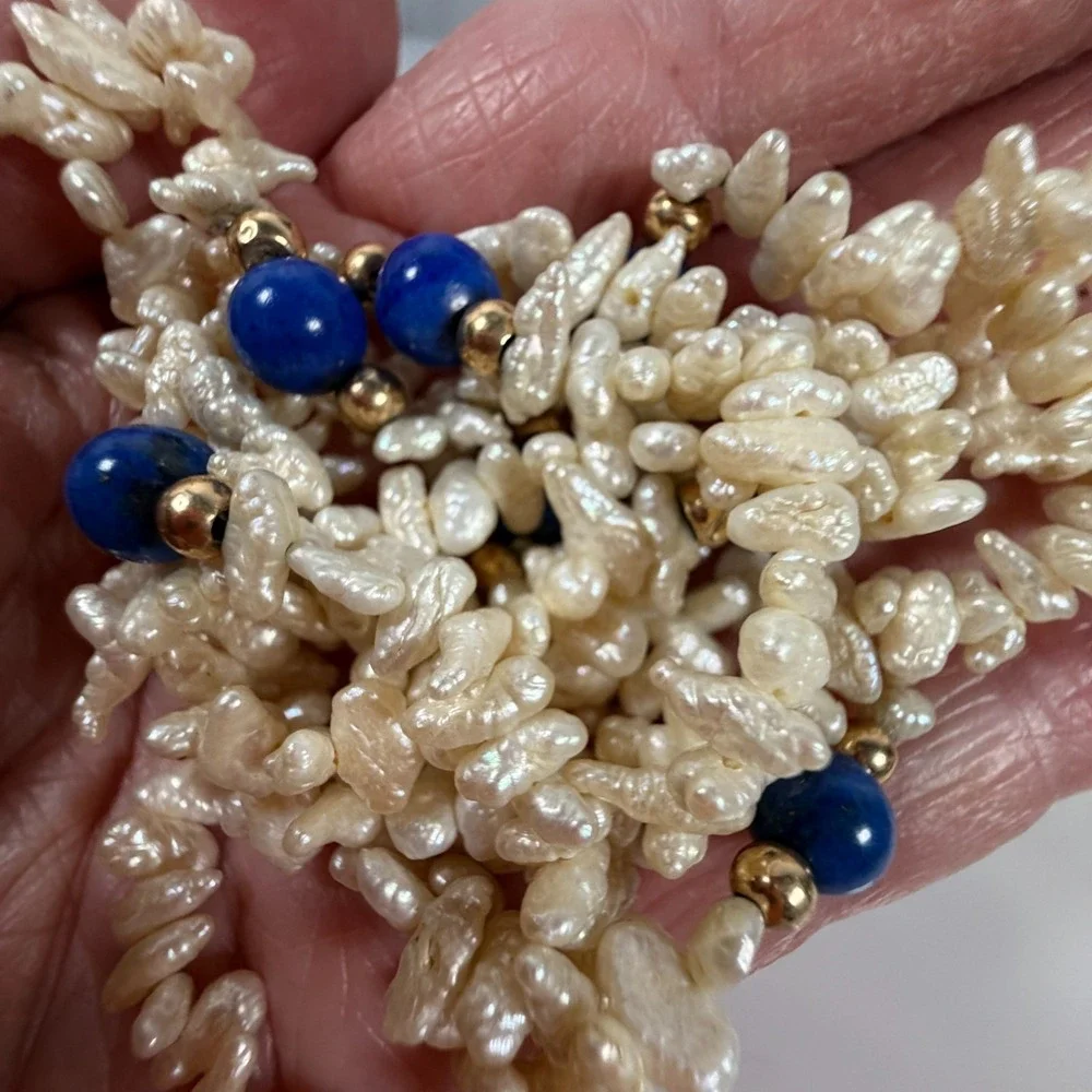 Vintage Rice Pearl Necklace Lapis Lazuli & 14K Gold Accent Beads 35